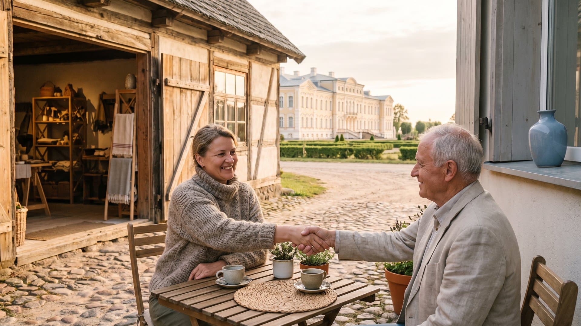 Divi mazo uzņēmumu īpašnieki sarokojas vecpilsētas bruģētā ielā