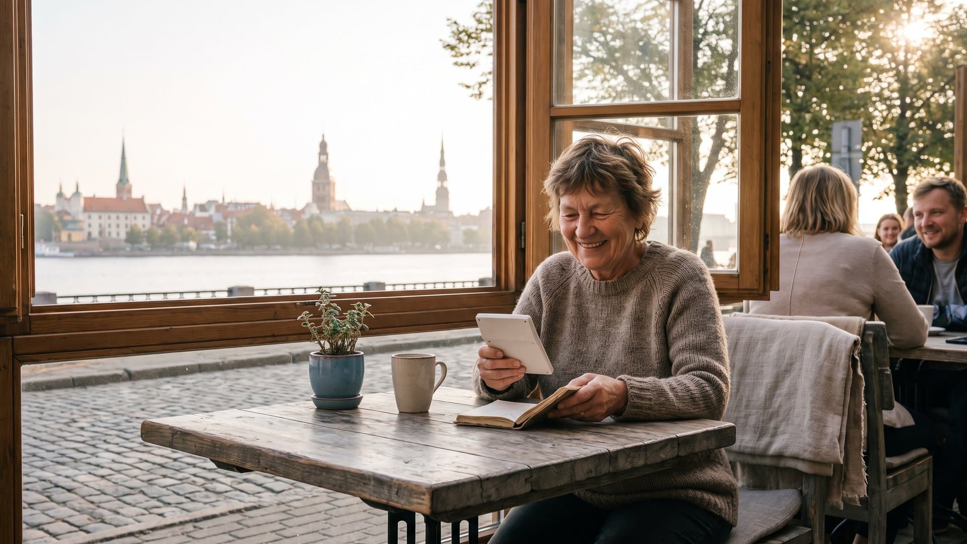 Restorāna īpašnieks pirms atvēršanas rēķina pie galdiņa bruģētā ielā