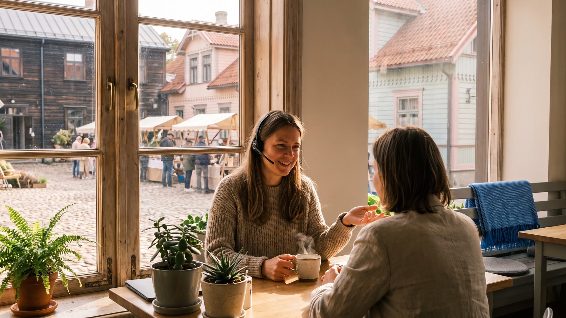 Atbalsta darbiniece austiņās smaidot palīdz klientam